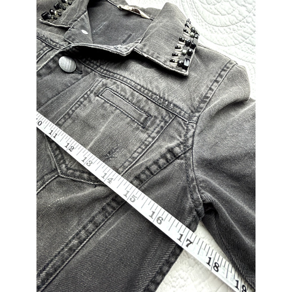 Vtg CAbi Distressed Denim Jacket Womens Sz Small Black Cropped Beaded Collar - Picture 4 of 5